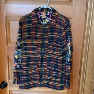 Plaid Women's Jacket with Floral Embroidery